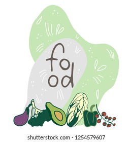 Healthy nutrition hand drawn illustration. Fruits, vegetables with handwritten lettering. 