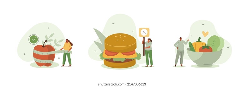 Healthy nutrition illustration set. Characters cooking salad from fresh vegetables and rejecting fast food eating. Balanced vegetarian and vegan diet concept. Vector illustration.