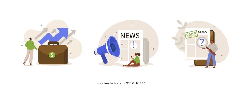 Healthy nutrition illustration set. Characters reading financial, economical and world news in newspaper. People analyzing fake information in social media. Vector illustration.