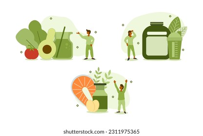 conjunto de ilustraciones nutricionales saludables. los personajes optaron por las verduras frescas y la buena proteína de la leche, los huevos, el salmón y las proteínas de lactosuero. concepto de alimentación saludable. ilustración vectorial.