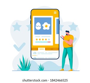 Healthy Nutrition Mobile App Flat Illustration. Male User Checking Food Products Properties Via Smartphone Application. Obese Person Reading Protein Source Ingredients Ranking And Feedback Online