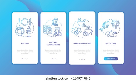 Healthy nutrition onboarding mobile app page screen with concepts. Weight loss and balanced diets walkthrough four steps graphic instructions. UI vector template with RGB color illustrations