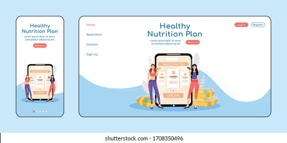 Healthy nutrition plan adaptive landing page flat color vector template. Dietary menu mobile and PC homepage layout. Food order one page website UI. Restaurant service webpage cross platform design