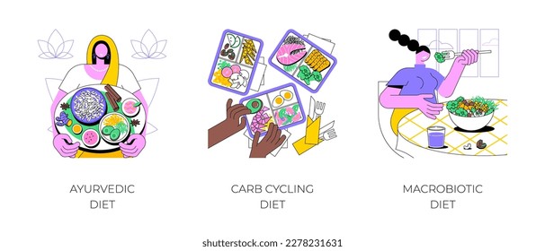 Healthy nutrition plan isolated cartoon vector illustrations set. Ayurvedic food philosophy, meal bowl, carb cycling plan, lunchbox with different food proportions, macrobiotic diet vector cartoon.