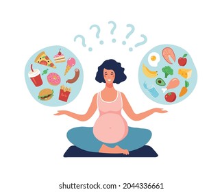 Healthy nutrition of a pregnant woman. A pregnant girl practices yoga and chooses between healthy and junk food. Flat cartoon vector illustration isolated on white background.