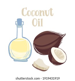 Healthy nutrition product. Coconut oil in a bottle with whole and half nuts. Vector hand drawn flat isolated illustration with lettering for your design on white background.