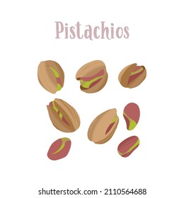Healthy nutrition product. Pistachios, shelled and peeled. Vector hand drawn flat isolated illustration with dry brush texture and hand written lettering for your design.