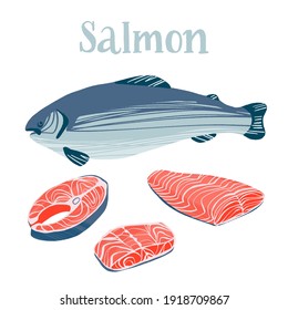 Healthy nutrition product. Salmon whole red fish, raw steaks and fillet. Vector hand drawn flat isolated illustration with lettering for your design on white background.