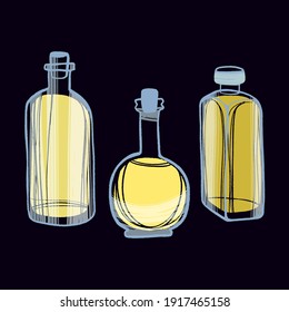 Healthy nutrition product. Vegetables oil in several bottles. Vector hand drawn flat isolated illustration with hand written lettering for your design on black background.