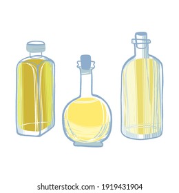 Healthy nutrition product. Vegetables oil in several bottles. Vector hand drawn flat isolated illustration with lettering for your design on white background.