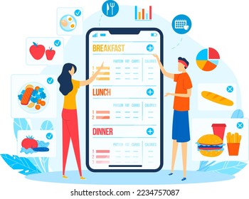 Healthy nutrition smartphone app, man woman use mobile food app, vector illustration. People character with online application