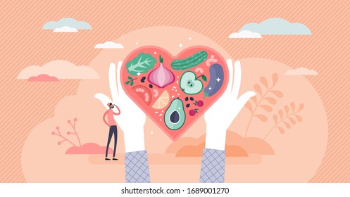 Healthy Nutrition Vector Illustration. Eat Vegetables For Good Shape And Health In Flat Tiny Persons Concept. Delicious And Tasty Vitamin Full Meal With Raw Food Products. Abstract Heart Shape Plate.