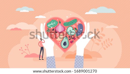 Healthy nutrition vector illustration. Eat vegetables for good shape and health in flat tiny persons concept. Delicious and tasty vitamin full meal with raw food products. Abstract heart shape plate.