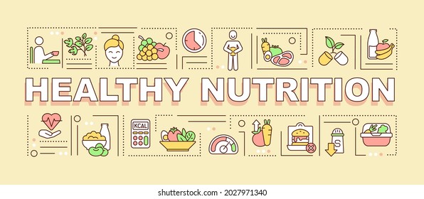 Healthy nutrition word concepts banner. Balanced diet. Infographics with linear icons on orange background. Isolated creative typography. Vector outline color illustration with text