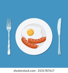 Healthy nutritious breakfast. Plate, knife and fork with fried egg icon. vector illustration in flat style