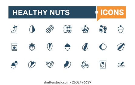 Healthy Nuts vector line icon set. Containing nuts, healthy, seed, bean, coffee, peanut and more. Nut And Bean simple icon. Minimal thin line web icons set. Editable vector. Pixel perfect.