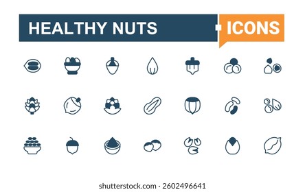 Healthy Nuts vector line icon set. Containing nuts, healthy, seed, bean, coffee, peanut and more. Nut And Bean simple icon. Minimal thin line web icons set. Editable vector. Pixel perfect.
