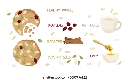 Healthy oat coookies full of pumpkin seeds, grains and dried cranberry. Ingredients for recipe of Homemade oatmeal cookies. Vector flat isolated for menu, cafe, restaurant. Healthy snack or Breakfast