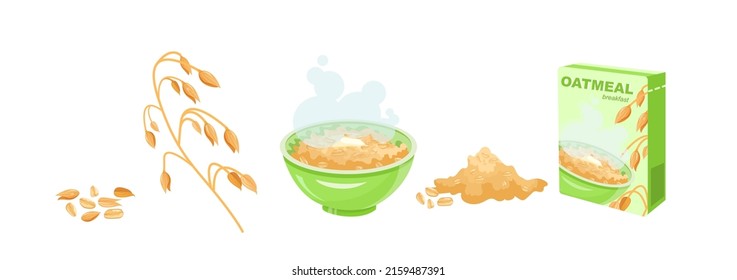 Gesunde Hafermehl zum Frühstück, Cartoon mit Getreidekiste, Ohren, Schüssel, Milch und Cornflakes. Konzept für Morgenessen. Flache Vektorgrafik