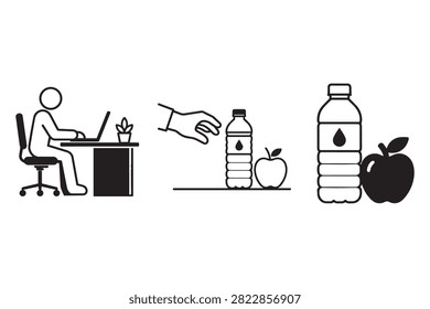 Healthy office worker with water bottle and fresh apple