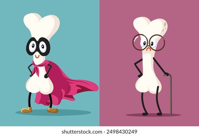 
Ilustración de dibujos animados de Vector de personajes de hueso sano y viejo. Huesos envejecidos que desarrollan enfermedades degenerativas
