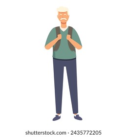 Healthy old man with backpack icon cartoon vector. Social walking. Motion journey