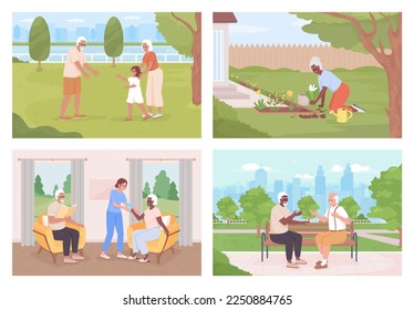 Gesunde ältere Erwachsene Lifestyle flache Vektorgrafik Set. Gesundheitszentrum. Gartenarbeit. Vollständig bearbeitbare, einfache 2D-Cartoon-Charaktersammlung mit Landschaft auf Hintergrund