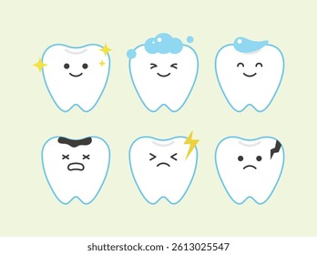 Healthy ones sparkle, foam, and have toothpaste, while damaged ones show decay, pain, and cracks. Perfect for dental care, oral hygiene, and health awareness designs.