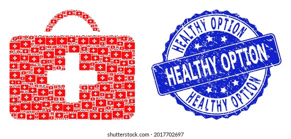 Healthy Option dirty round seal and vector fractal collage medical case. Blue stamp seal includes Healthy Option text inside round shape. Vector collage is made from scattered medical case pictograms.