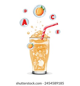 Healthy orange peach oxygen cocktail with air bubbles. Isolated vector illustration on white background. Summer drink for flat design of cards, flyer, banner, presentations, logo, sale, poster
