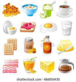 Conjunto de iconos vectoriales de desayuno orgánico saludable. Iconos de comidas para dietas - miel, muesli, yogur, café, huevo, sándwich, leche, galleta de galletas, mantequilla de maní, jarabe de arce, bacón, jugo, queso