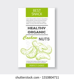 Healthy organic cashew nut vertical label. Vector packaging design. Hand drawn cashew. Isolated.