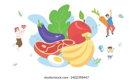 Healthy Organic Diet Nutrition Vector Illustration. Concept Showing balanced food between protein, vegetables, and fruits.