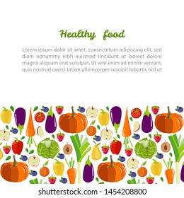 Healthy and organic food banner and template with fruits, vegetables and berries in a frame. Vector illustration on white background