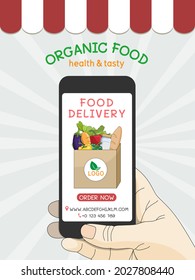 Healthy Organic Food for delivery service at home. Online order grocery shopping on touch screen. Vector illustration natural products for cooking food. Business and technology for good nutrition.