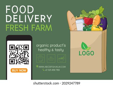 Healthy Organic Food for delivery service at home. Online order grocery shopping on touch screen. Vector illustration natural products for cooking food. Business and technology for good nutrition.