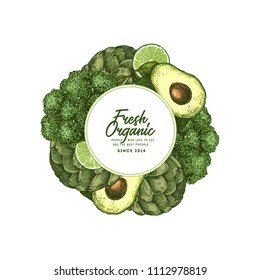 Healthy organic food design template. Fresh green vegetables engraved illustration. Vector illustration