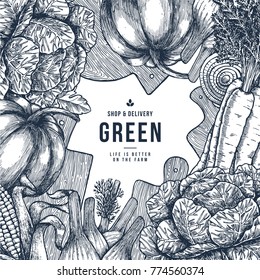 Healthy organic food design template.  Fresh vegetables engraved illustration. Vector illustration