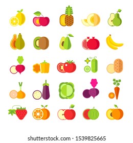 Healthy organic food, fruits and vegetables isolated icons vector. Lemon and cherry, pineapple and peach, pear and papaya, kiwi and avocado. Pomegranate and banana, reddish and pepper, tomato