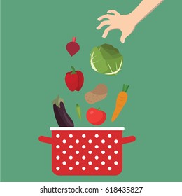 Healthy organic food, hand with vegetable food in pot