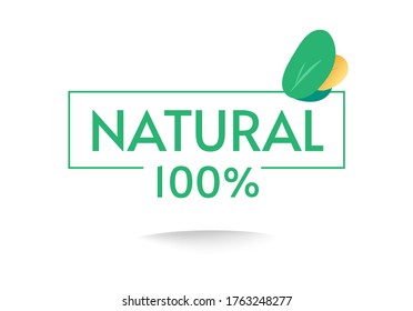 Healthy organic food label icon with 100 percent natural stamp text and green leaves vector flat cartoon design illustration, concept of bio 100% pure guarantee tag isolated on white