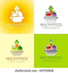 Healthy organic food logo icon set with fresh fruits, vegetables and pan for cooking. Apple fruit icon, carrot vegetable, eggplant. Sign for restaurant, supermarket, farmers market. Color background