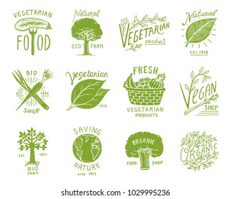 Healthy Organic food logos set or labels and elements for Vegetarian and Farm green natural vegetables products, vector illustration. badges healthy life. engraved hand drawn in old sketch.