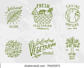 Healthy Organic food logos set or labels and elements for Vegetarian and Farm green natural vegetables products, vector illustration. badges healthy life. engraved hand drawn in old sketch.