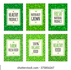 Healthy organic food pattern cards. Title sheet, label, vegetarian cafe menu cover. Eco, bio, naturally grown product tag or sticker. Creative design frame. Green nature geometric background. A4 EPS10