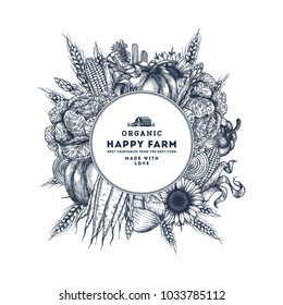 Healthy organic food round design template.  Fresh vegetables engraved illustration. Vector illustration 