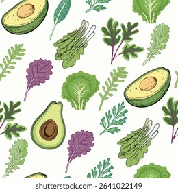 Healthy organic food. Seamless pattern Arugula, Avocado, Parsley, sage, Swiss chard. Healthy eating. Vector flat background