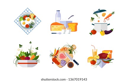 Healthy organic food set, diet menu, dairy, vegetable and meat products vector Illustration on a white background