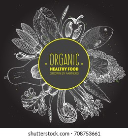 Healthy organic food vector illustration. Farm market label. Engraved style. Vegetables and meat hand drawn.