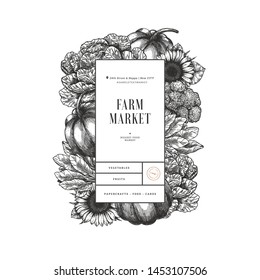 Healthy organic food vertical design template. Fresh vegetables engraved illustration. Vector illustration